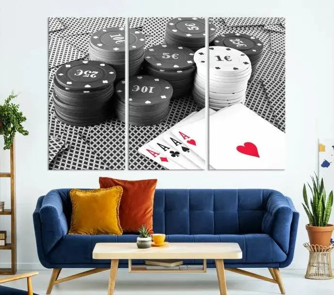 The "Poker Game Cards Multi Panel Wall Art Canvas Print" elegantly hangs above, serving as a striking focal point.