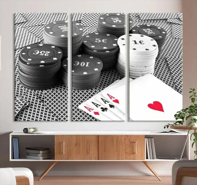 The "Poker Game Cards Multi Panel Wall Art Canvas Print" elegantly hangs above, serving as a striking focal point.