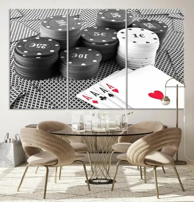 The "Poker Game Cards Multi Panel Wall Art Canvas Print" elegantly hangs above, serving as a striking focal point.