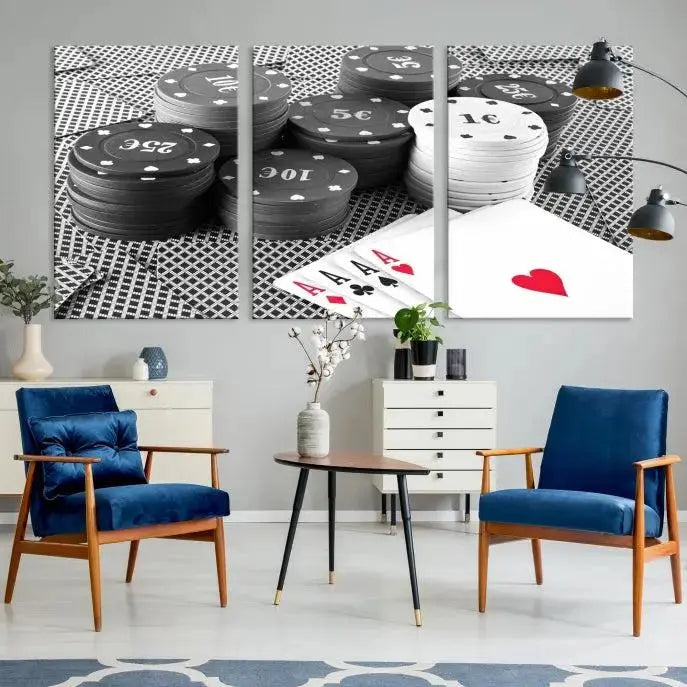 The "Poker Game Cards Multi Panel Wall Art Canvas Print" elegantly hangs above, serving as a striking focal point.