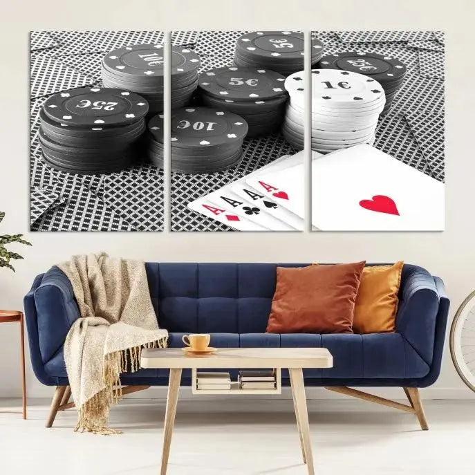 The "Poker Game Cards Multi Panel Wall Art Canvas Print" elegantly hangs above, serving as a striking focal point.