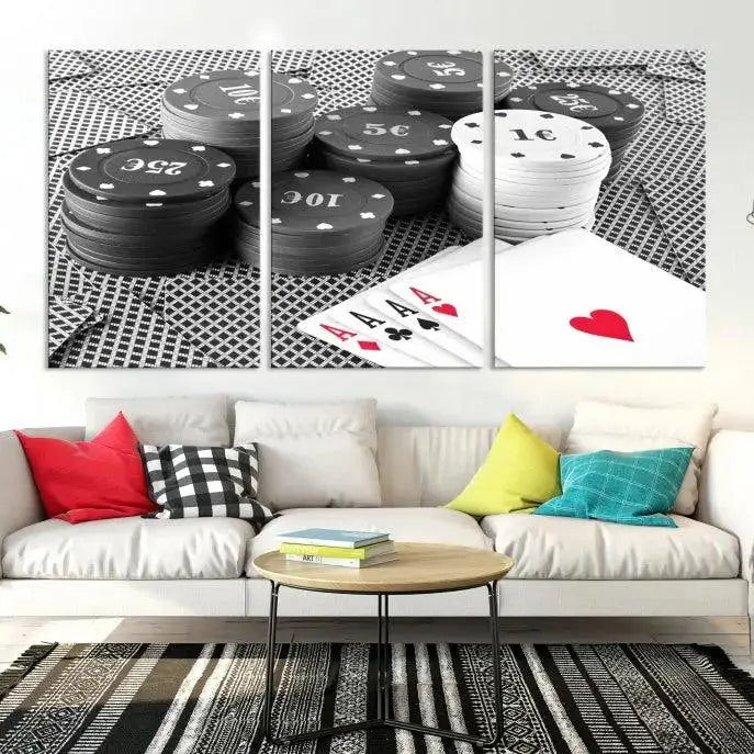 The "Poker Game Cards Multi Panel Wall Art Canvas Print" elegantly hangs above, serving as a striking focal point.