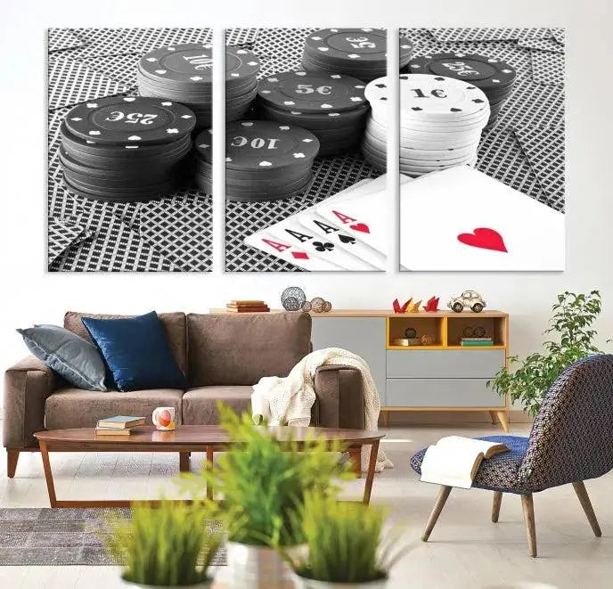 The "Poker Game Cards Multi Panel Wall Art Canvas Print" elegantly hangs above, serving as a striking focal point.