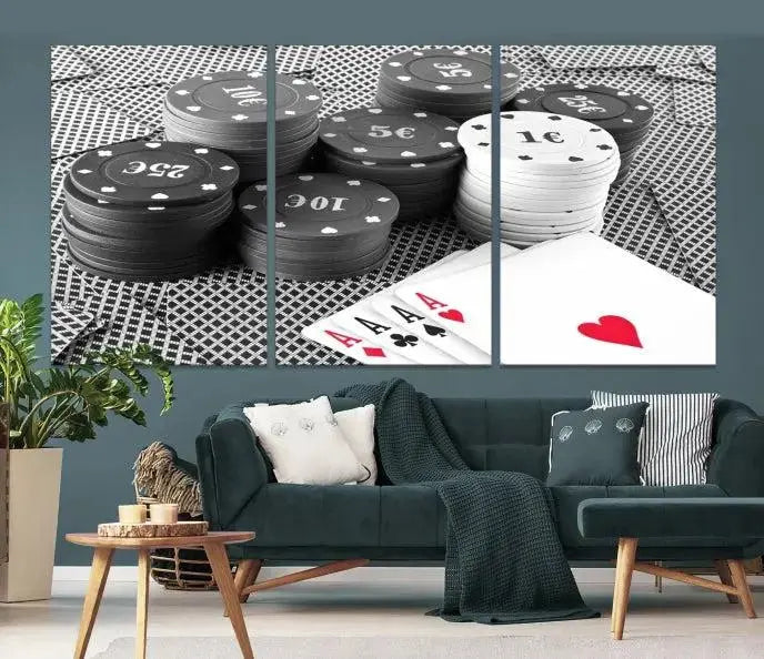 The "Poker Game Cards Multi Panel Wall Art Canvas Print" elegantly hangs above, serving as a striking focal point.