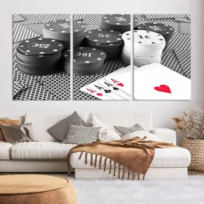 The "Poker Game Cards Multi Panel Wall Art Canvas Print" elegantly hangs above, serving as a striking focal point.