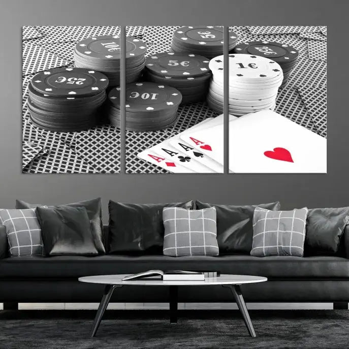 The "Poker Game Cards Multi Panel Wall Art Canvas Print" elegantly hangs above, serving as a striking focal point.