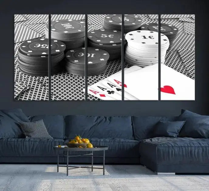 The "Poker Game Cards Multi Panel Wall Art Canvas Print" elegantly hangs above, serving as a striking focal point.