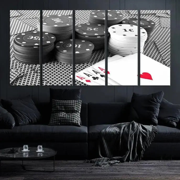 The "Poker Game Cards Multi Panel Wall Art Canvas Print" elegantly hangs above, serving as a striking focal point.