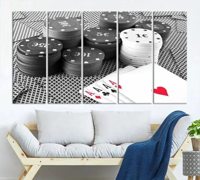 The "Poker Game Cards Multi Panel Wall Art Canvas Print" elegantly hangs above, serving as a striking focal point.