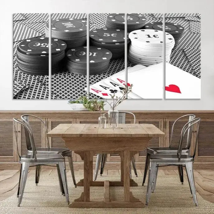 The "Poker Game Cards Multi Panel Wall Art Canvas Print" elegantly hangs above, serving as a striking focal point.