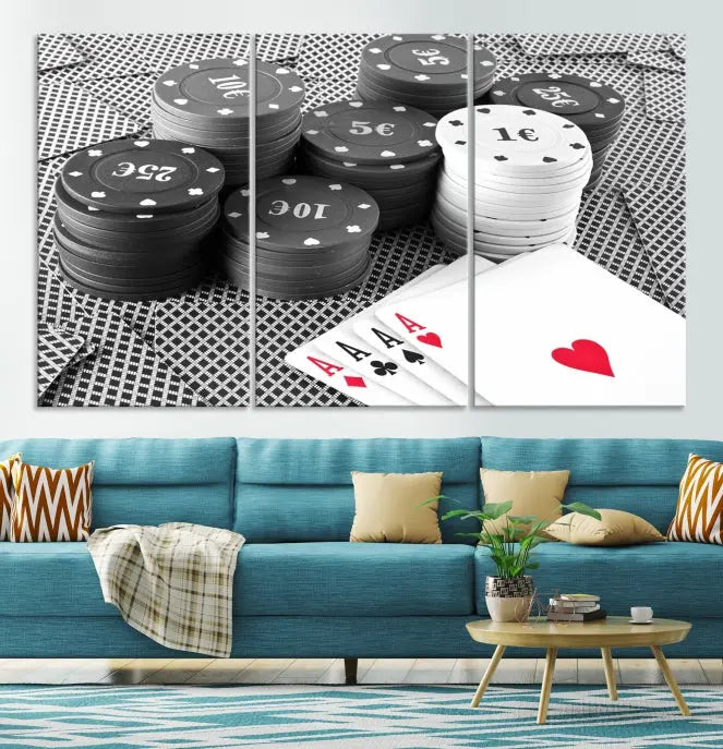 The "Poker Game Cards Multi Panel Wall Art Canvas Print" elegantly hangs above, serving as a striking focal point.