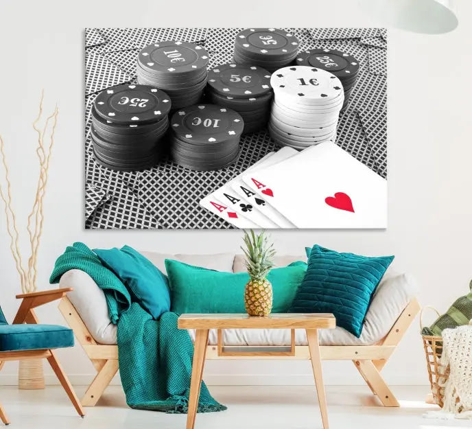 The "Poker Game Cards Multi Panel Wall Art Canvas Print" elegantly hangs above, serving as a striking focal point.