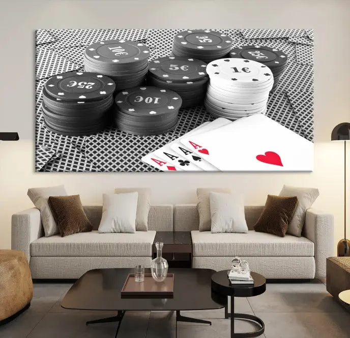 The "Poker Game Cards Multi Panel Wall Art Canvas Print" elegantly hangs above, serving as a striking focal point.