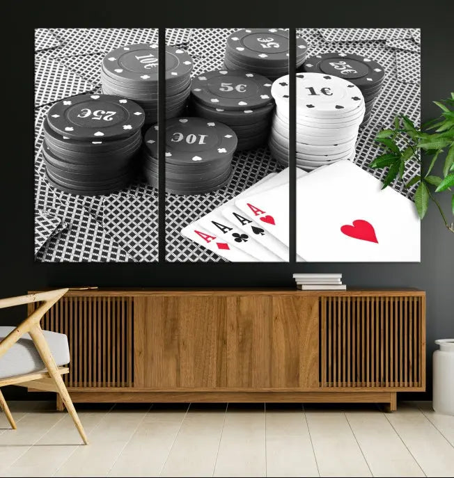 The "Poker Game Cards Multi Panel Wall Art Canvas Print" elegantly hangs above, serving as a striking focal point.