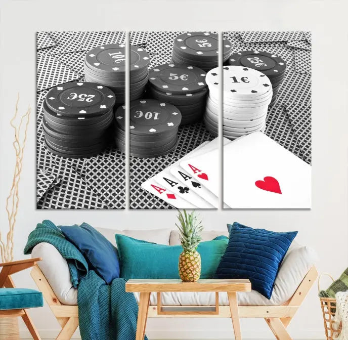 The "Poker Game Cards Multi Panel Wall Art Canvas Print" elegantly hangs above, serving as a striking focal point.