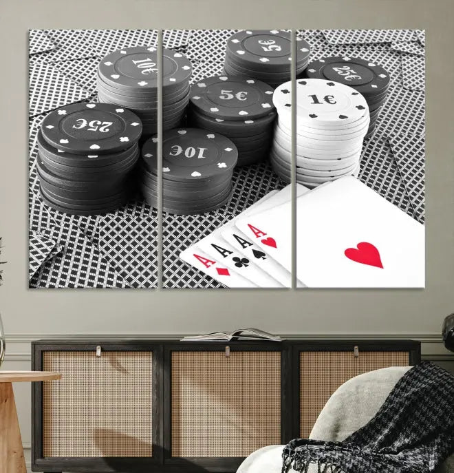 The "Poker Game Cards Multi Panel Wall Art Canvas Print" elegantly hangs above, serving as a striking focal point.