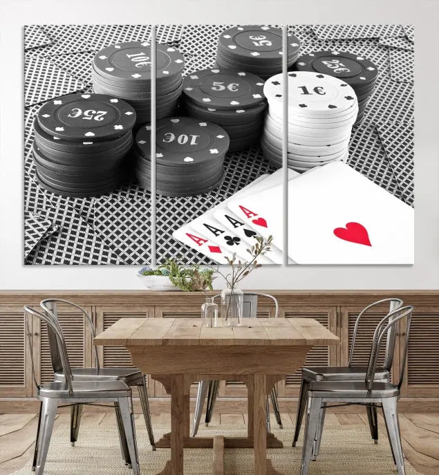 The "Poker Game Cards Multi Panel Wall Art Canvas Print" elegantly hangs above, serving as a striking focal point.