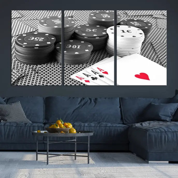 The "Poker Game Cards Multi Panel Wall Art Canvas Print" elegantly hangs above, serving as a striking focal point.