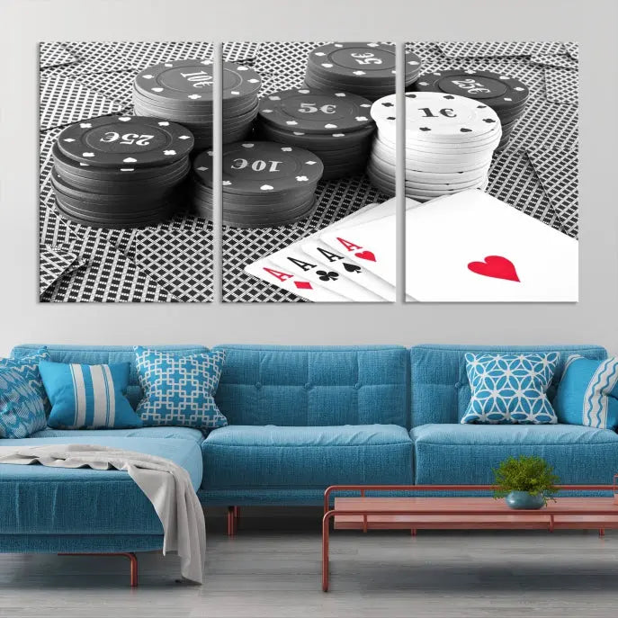 The "Poker Game Cards Multi Panel Wall Art Canvas Print" elegantly hangs above, serving as a striking focal point.