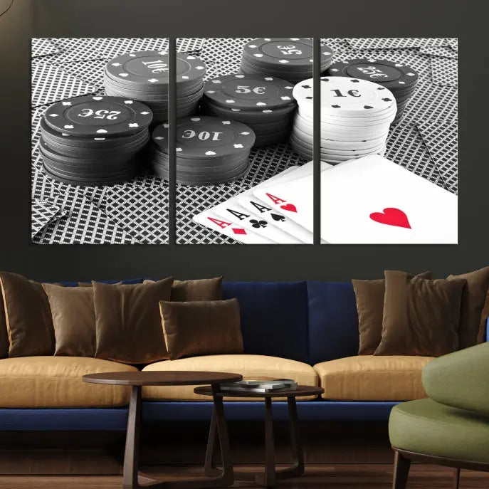 The "Poker Game Cards Multi Panel Wall Art Canvas Print" elegantly hangs above, serving as a striking focal point.