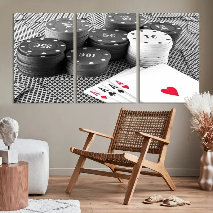 The "Poker Game Cards Multi Panel Wall Art Canvas Print" elegantly hangs above, serving as a striking focal point.