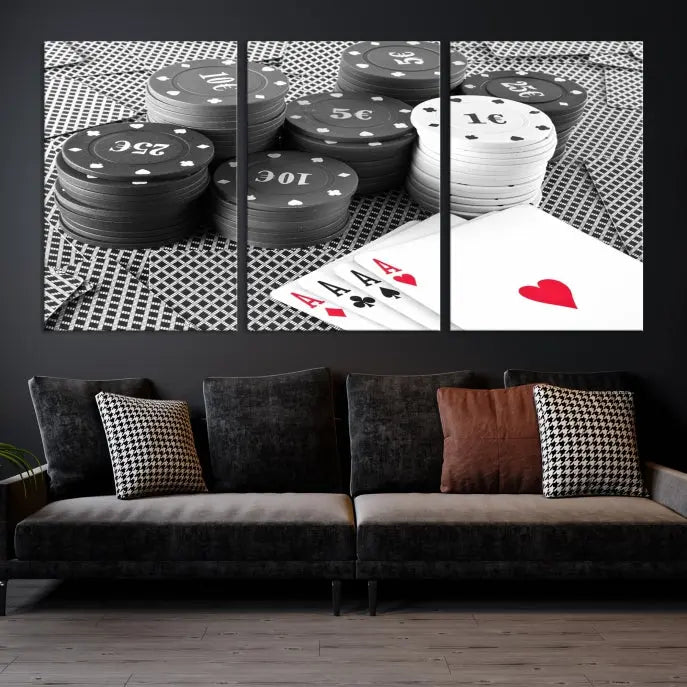 The "Poker Game Cards Multi Panel Wall Art Canvas Print" elegantly hangs above, serving as a striking focal point.