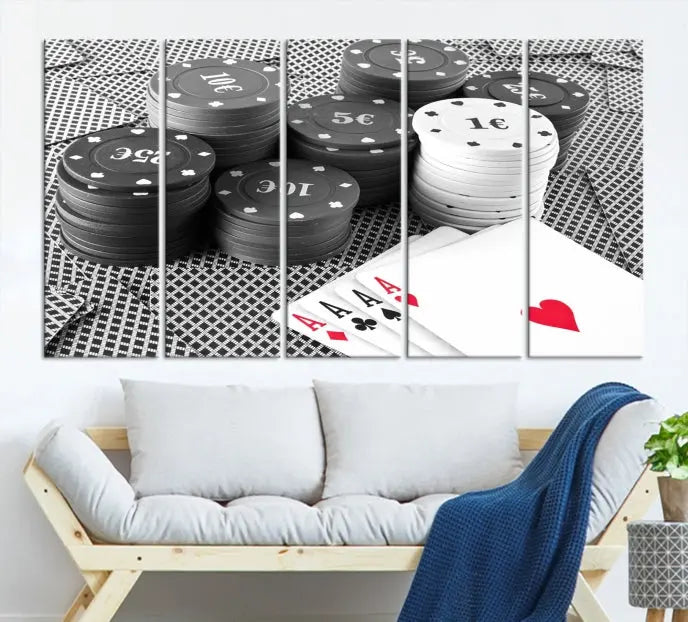 The "Poker Game Cards Multi Panel Wall Art Canvas Print" elegantly hangs above, serving as a striking focal point.