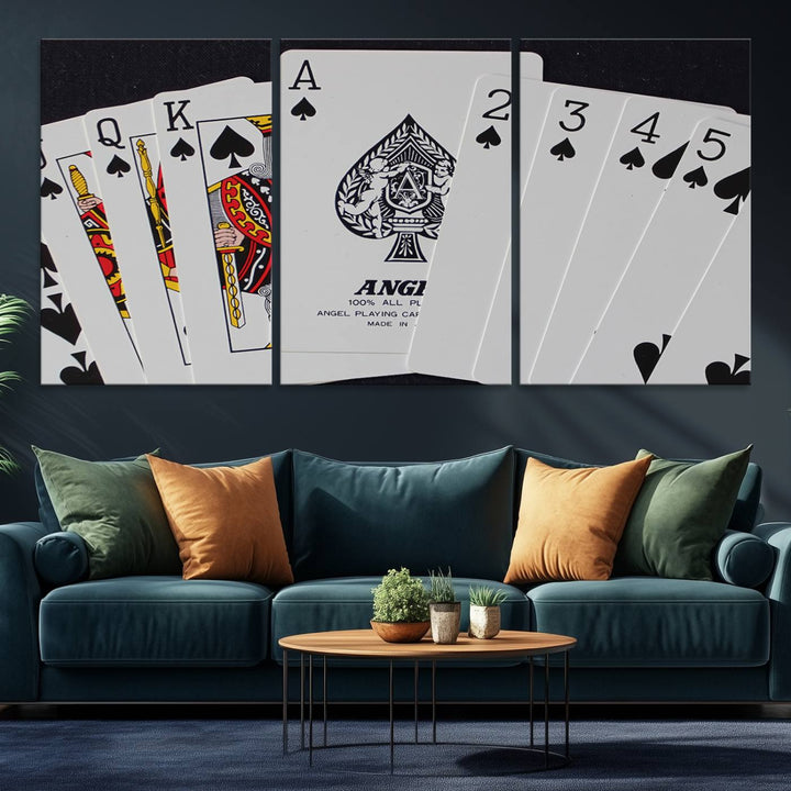 Poker Wall Art - Playing Cards Canvas Wall Art Print - Ace of Spades and Royal Flush Design, Perfect for Game Room Decor and Card
