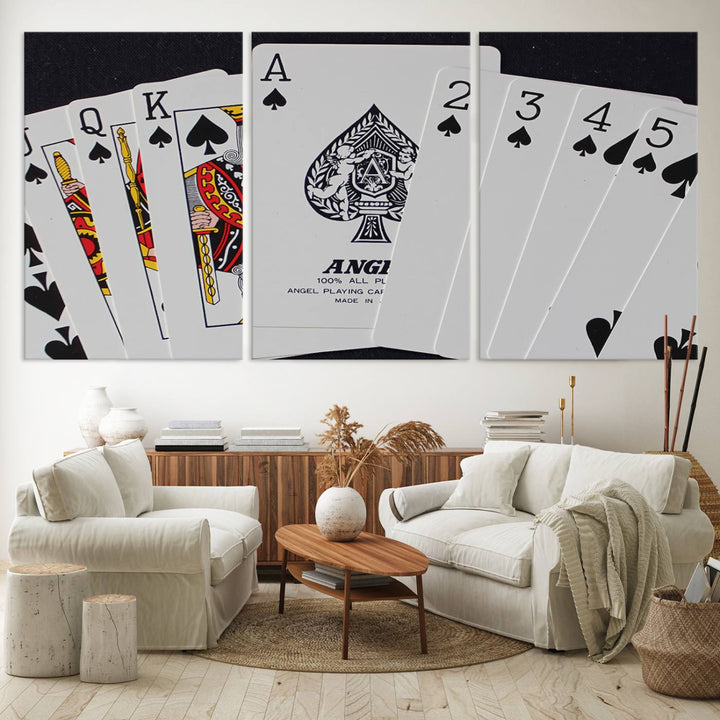 Poker Wall Art - Playing Cards Canvas Wall Art Print - Ace of Spades and Royal Flush Design, Perfect for Game Room Decor and Card