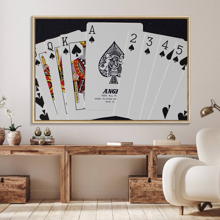 56787-MGV-FC-36X24_Natural-Poker Wall Art - Playing Cards Canvas Wall Art Print - Ace of Spades and Royal Flush Design, Perfect for Game Room Decor and Card