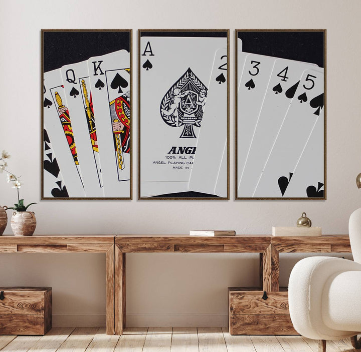 56787-MGV-FC-48X32-3P_Walnut-Poker Wall Art - Playing Cards Canvas Wall Art Print - Ace of Spades and Royal Flush Design, Perfect for Game Room Decor and Card