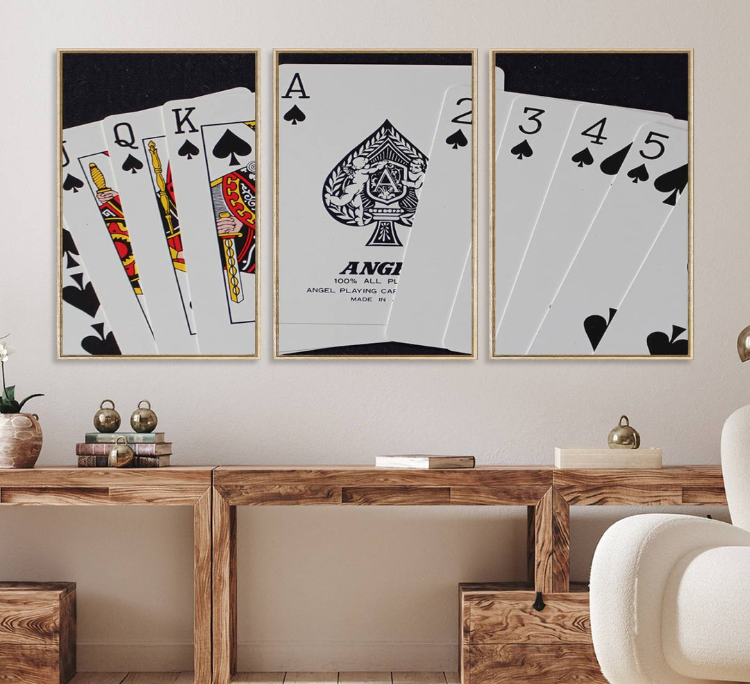 56787-MGV-FC-60X30-3P_Natural-Poker Wall Art - Playing Cards Canvas Wall Art Print - Ace of Spades and Royal Flush Design, Perfect for Game Room Decor and Card