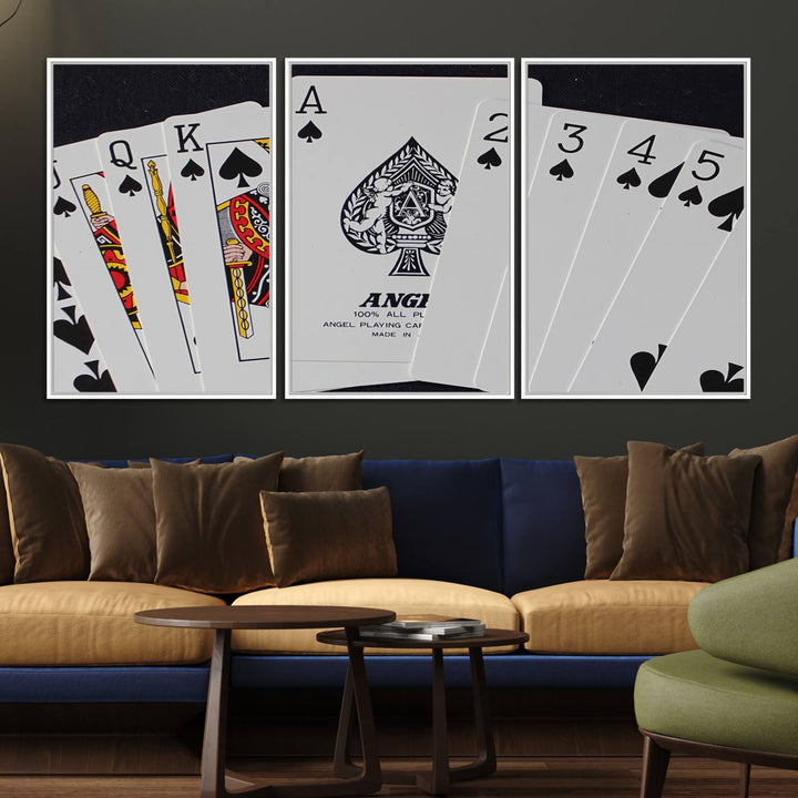 56787-MGV-FC-60X30-3P_White-Poker Wall Art - Playing Cards Canvas Wall Art Print - Ace of Spades and Royal Flush Design, Perfect for Game Room Decor and Card