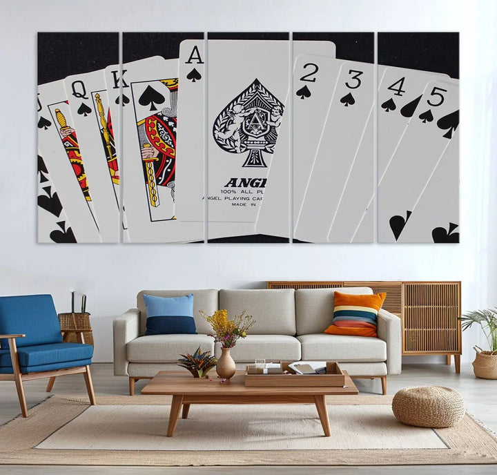 The Poker Wall Art - Playing Cards Canvas Wall Art Print features an Ace of Spades and Royal Flush design. This piece adds a classic charm to any space with its subtle emphasis on the Ace of Spades, making it perfect for game room decor.