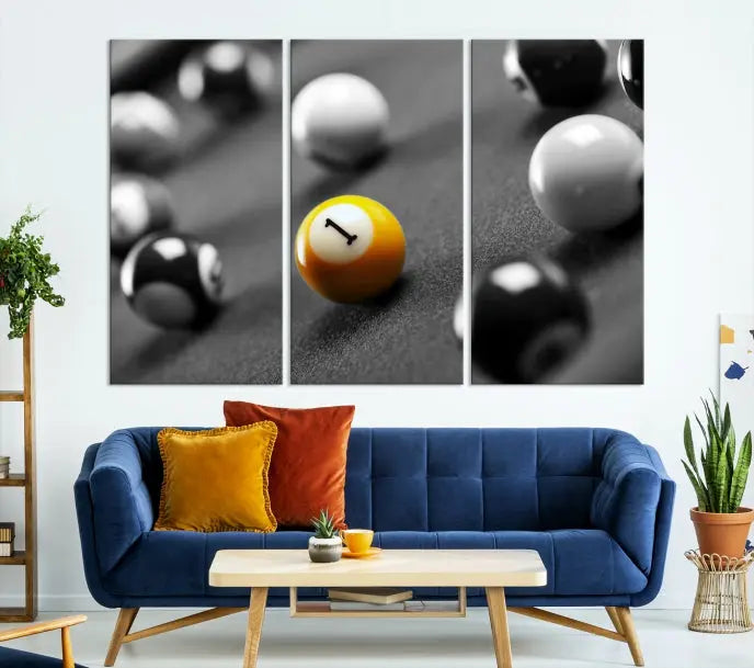 The living room features a Pool Table Billiard Balls Wall Art Canvas Print framed in the USA.