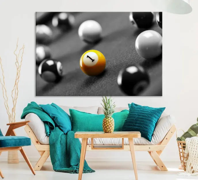 The living room features a Pool Table Billiard Balls Wall Art Canvas Print framed in the USA.