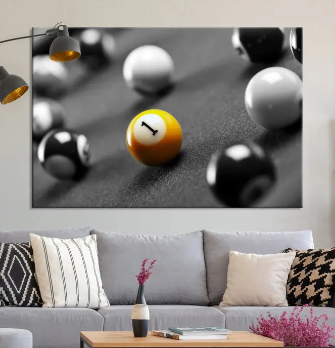 The living room features a Pool Table Billiard Balls Wall Art Canvas Print framed in the USA.