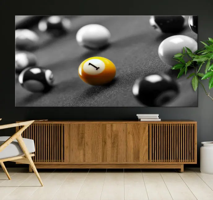 The living room features a Pool Table Billiard Balls Wall Art Canvas Print framed in the USA.