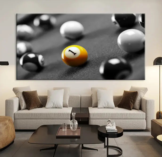 The living room features a Pool Table Billiard Balls Wall Art Canvas Print framed in the USA.