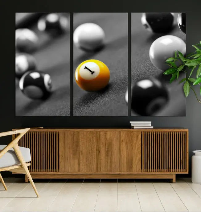 The living room features a Pool Table Billiard Balls Wall Art Canvas Print framed in the USA.