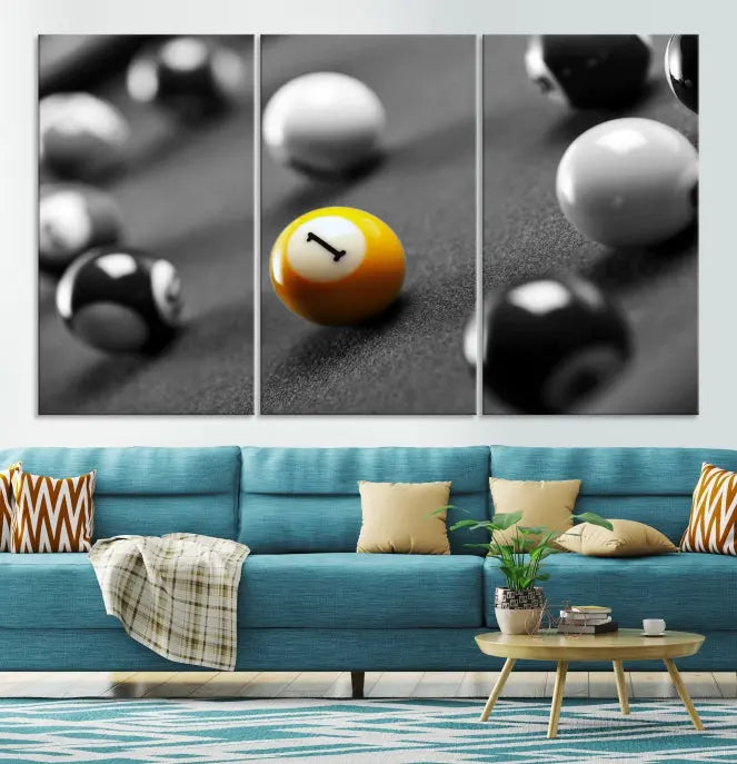 The living room features a Pool Table Billiard Balls Wall Art Canvas Print framed in the USA.