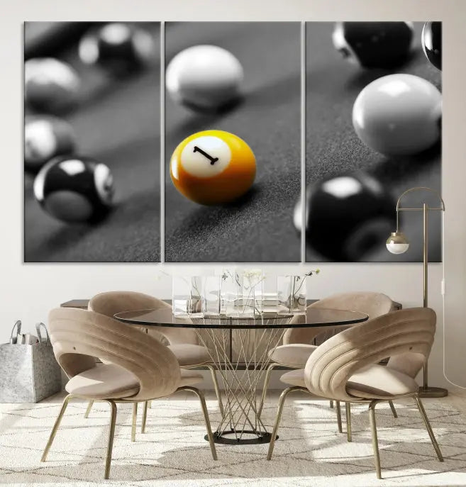 The living room features a Pool Table Billiard Balls Wall Art Canvas Print framed in the USA.