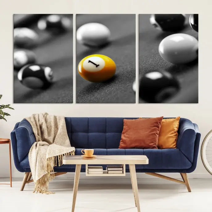 The living room features a Pool Table Billiard Balls Wall Art Canvas Print framed in the USA.