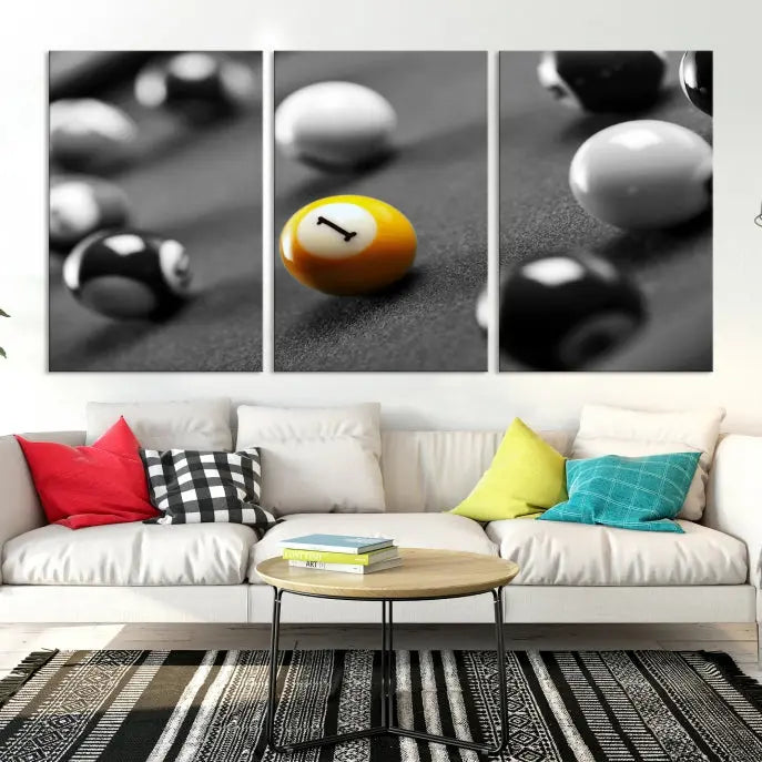 The living room features a Pool Table Billiard Balls Wall Art Canvas Print framed in the USA.