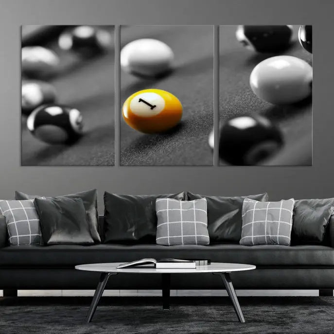 The living room features a Pool Table Billiard Balls Wall Art Canvas Print framed in the USA.