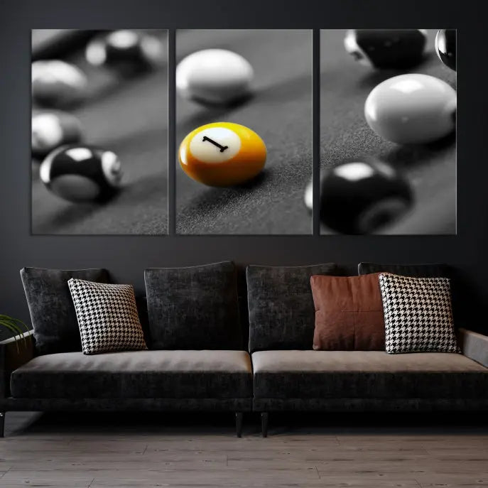 The living room features a Pool Table Billiard Balls Wall Art Canvas Print framed in the USA.