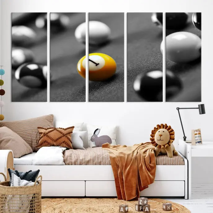 The living room features a Pool Table Billiard Balls Wall Art Canvas Print framed in the USA.