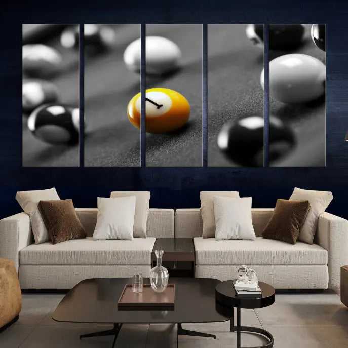 The living room features a Pool Table Billiard Balls Wall Art Canvas Print framed in the USA.