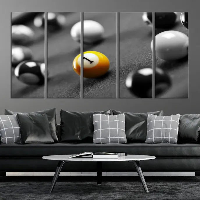 The living room features a Pool Table Billiard Balls Wall Art Canvas Print framed in the USA.