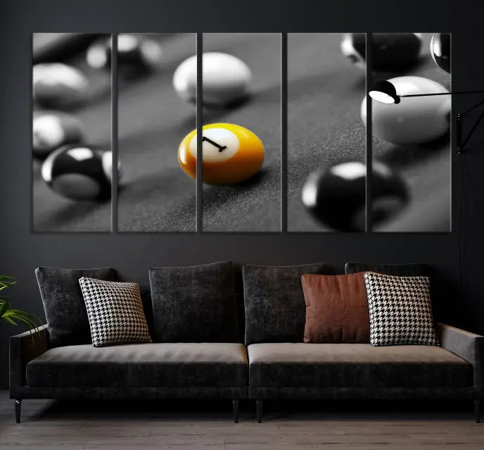 The living room features a Pool Table Billiard Balls Wall Art Canvas Print framed in the USA.